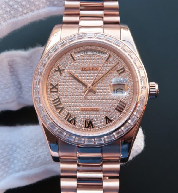 Rolex Day-Date 218399 Roman Numerals RG Full Diamonds A3255