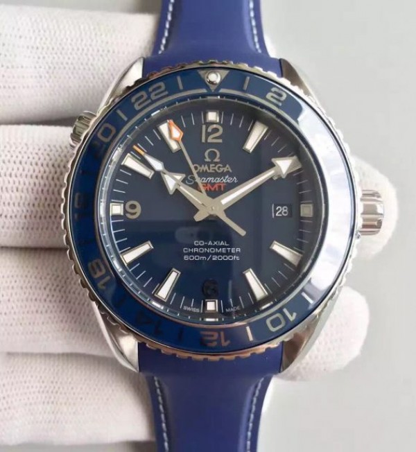 Omega Planet Ocean SS GMT Blue Dial Silver Markers Blue Rubber Strap A8605