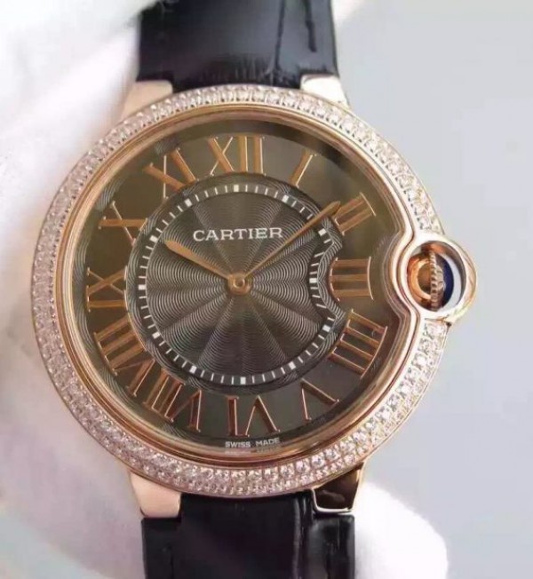 Cartier Ballon Bleu 40mm RG Diamonds Bezel Black Dial Leather Strap MIYOTA9015