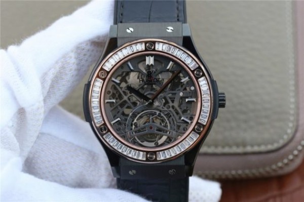 Hublot Classic Fusion Tourbillon 42mm TF PVD Diamonds Bezel Skeleton Dial Gummy Strap A23J