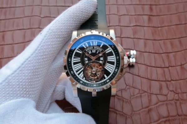 Roger Dubuis Tourbillion SS Black Dial Roman Numerals Rubber Strap