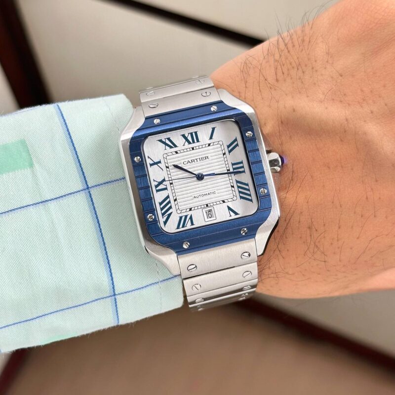 Cartier De Santos Blue Bezel White Dial - gallery