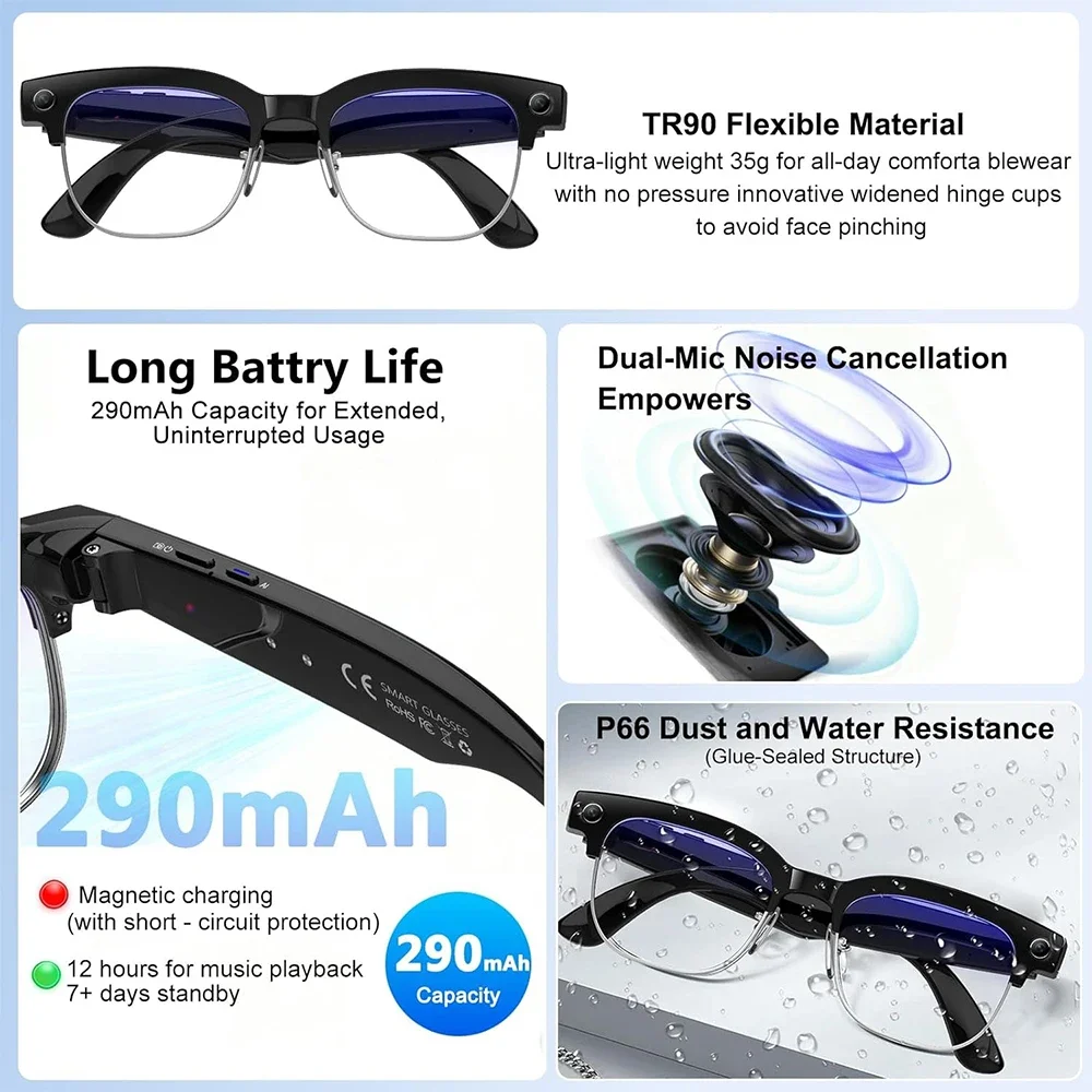 2026 4K HD Smart Glasses With 800W Ultra-Wide Camera Video Recording 4GB AI Photo Recognition Bluetooth Call Translation Voice