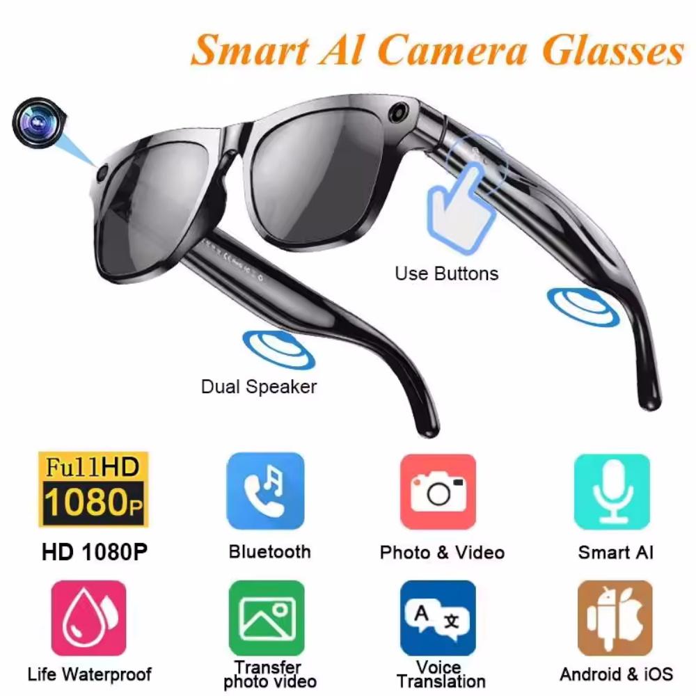 AI Smart Glasses With Camera Bluetooth Call Voice Assistant Control Navigation Waterproof Smart Sports Wearable Camera Glasses Charging Device Adapter Local Chargeable
