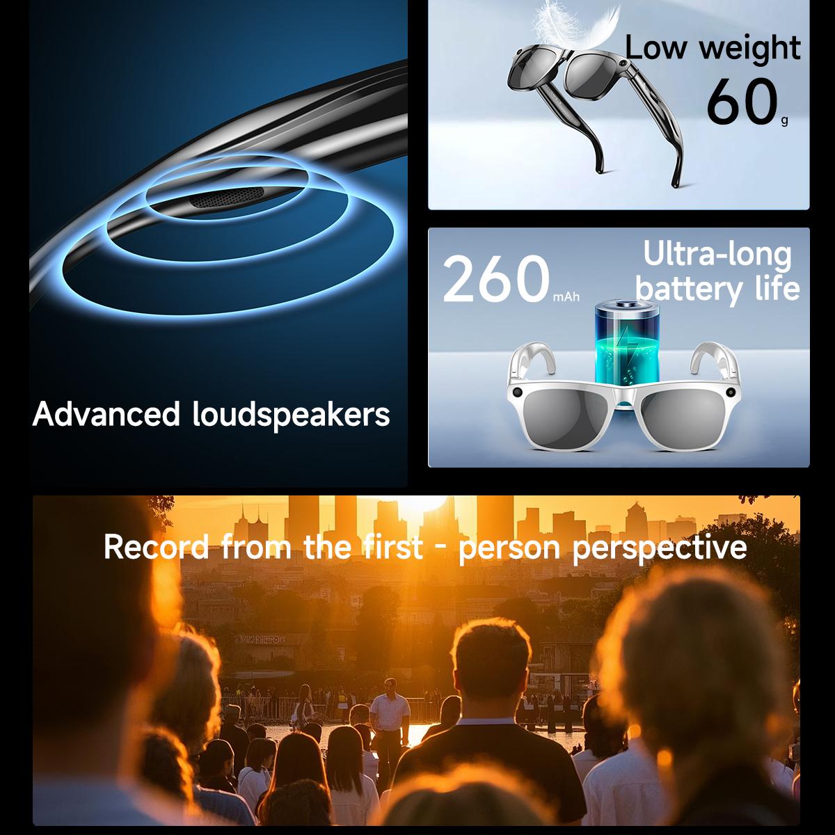 New Smart Glasses Voice Assistant BT Call AI Translation HIFI Headphones HD Anti-shake Camera Lenses Fashion Anti-UV Sunglasses Bluetooth Local Wearable White - Image 4