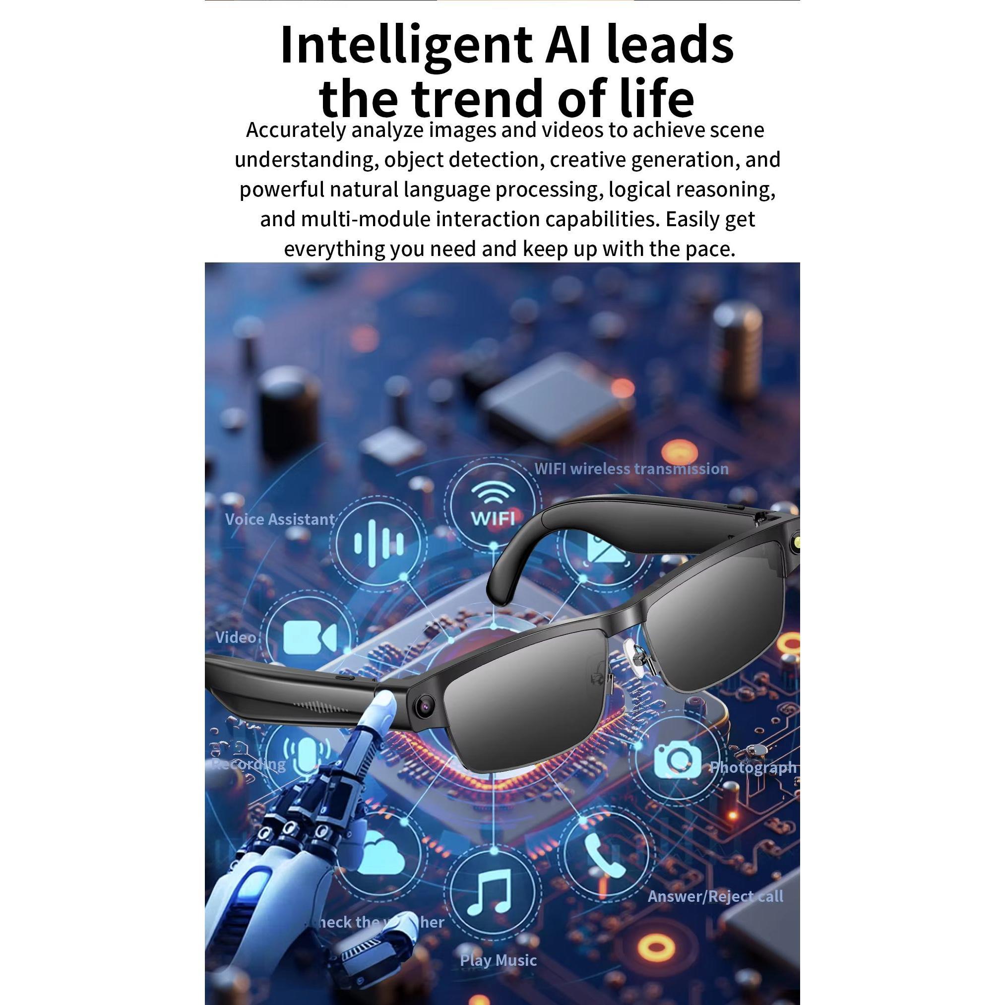 Camera Smart Glasses Photo Video Record BT Call Music Playback Smart Glasses Al Object Recognition Voice Assistant Sunglasses Bluetooth Android