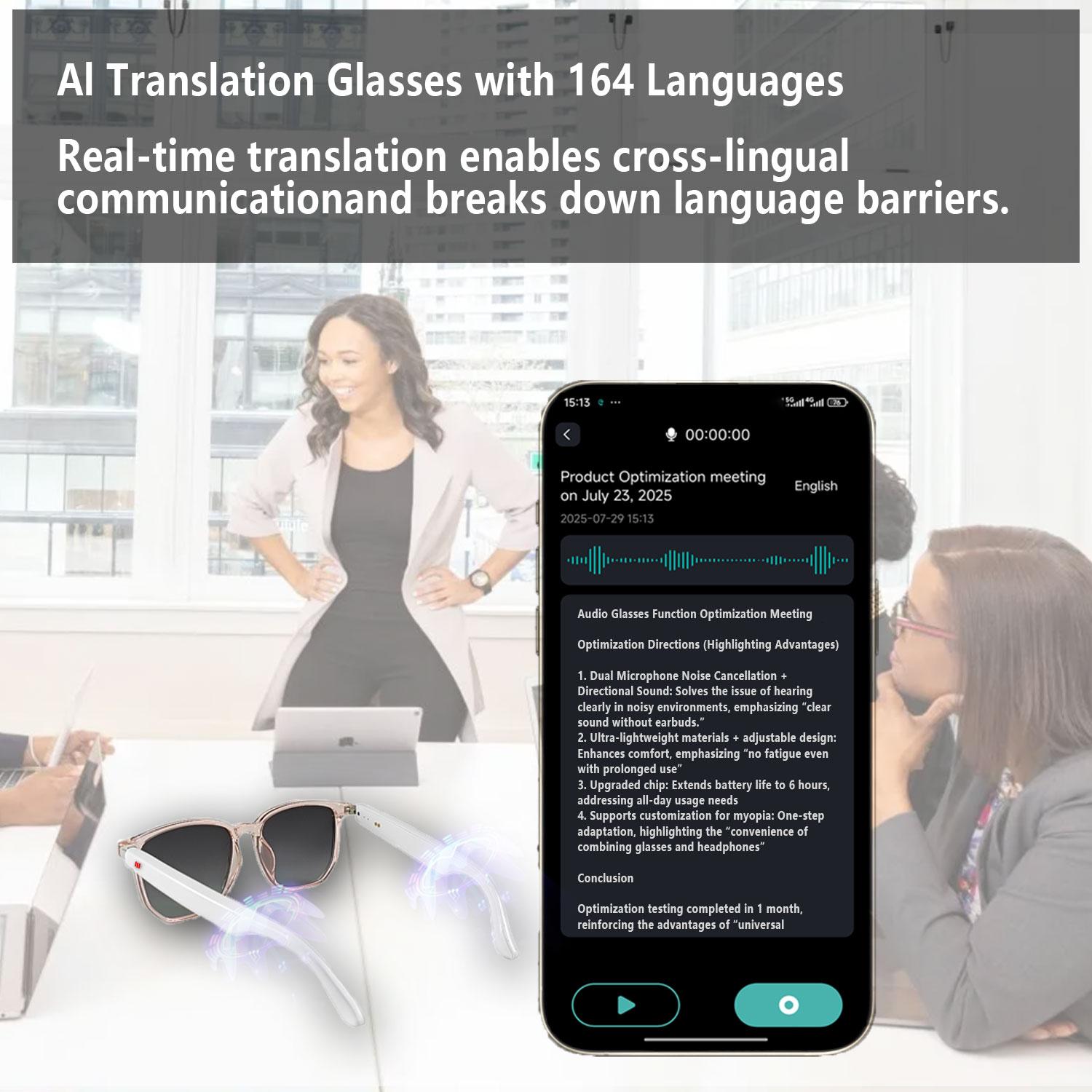 Smart AI translation audio glasses, real-time app translation in over 160 languages, light-sensitive color-changing lenses Wearable White - Image 3