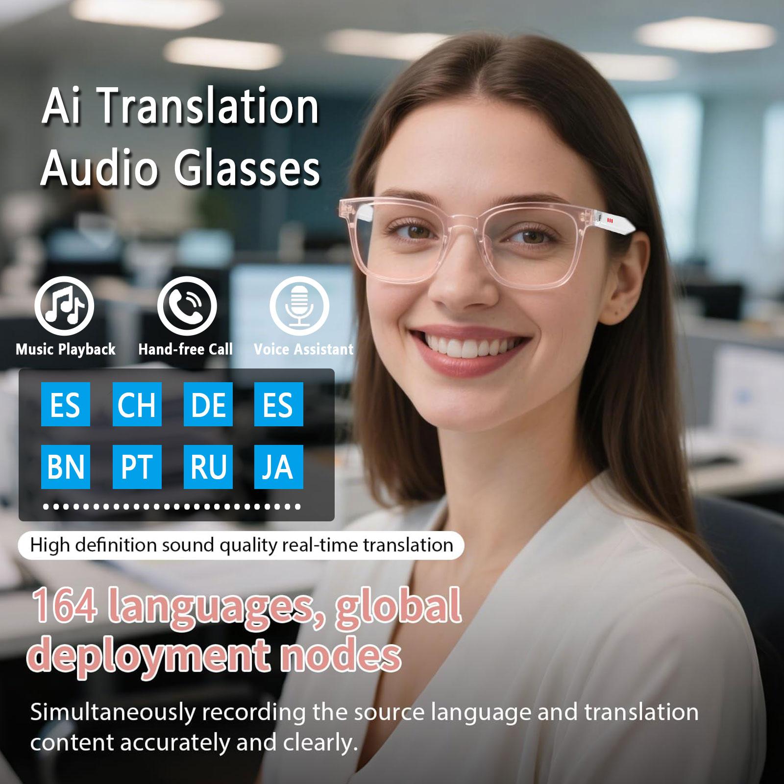 Smart AI translation audio glasses, real-time app translation in over 160 languages, light-sensitive color-changing lenses Wearable White