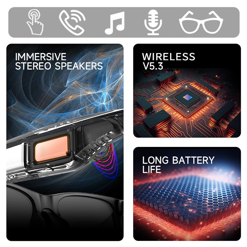 New smart glasses, support voice call, listen to music, touch operation, fashion wear, sunglasses lenses eye protection Wearable Black - Image 2