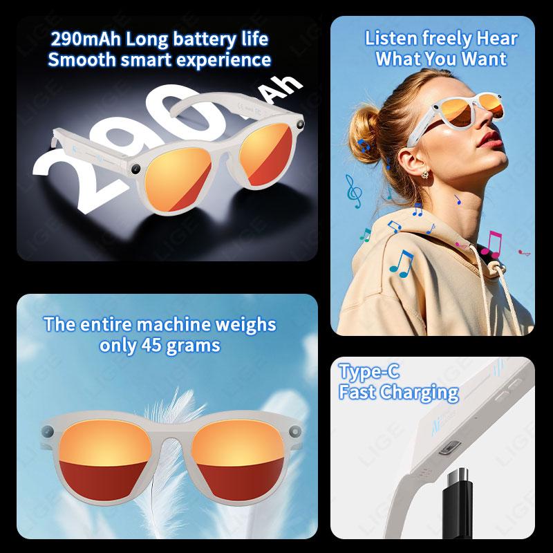 LIGE AI Smart Glasses 6K HD Camera Glass Multifunctional Bluetooth Call Voice Assistant Music Play Translation Glasses 2026 New