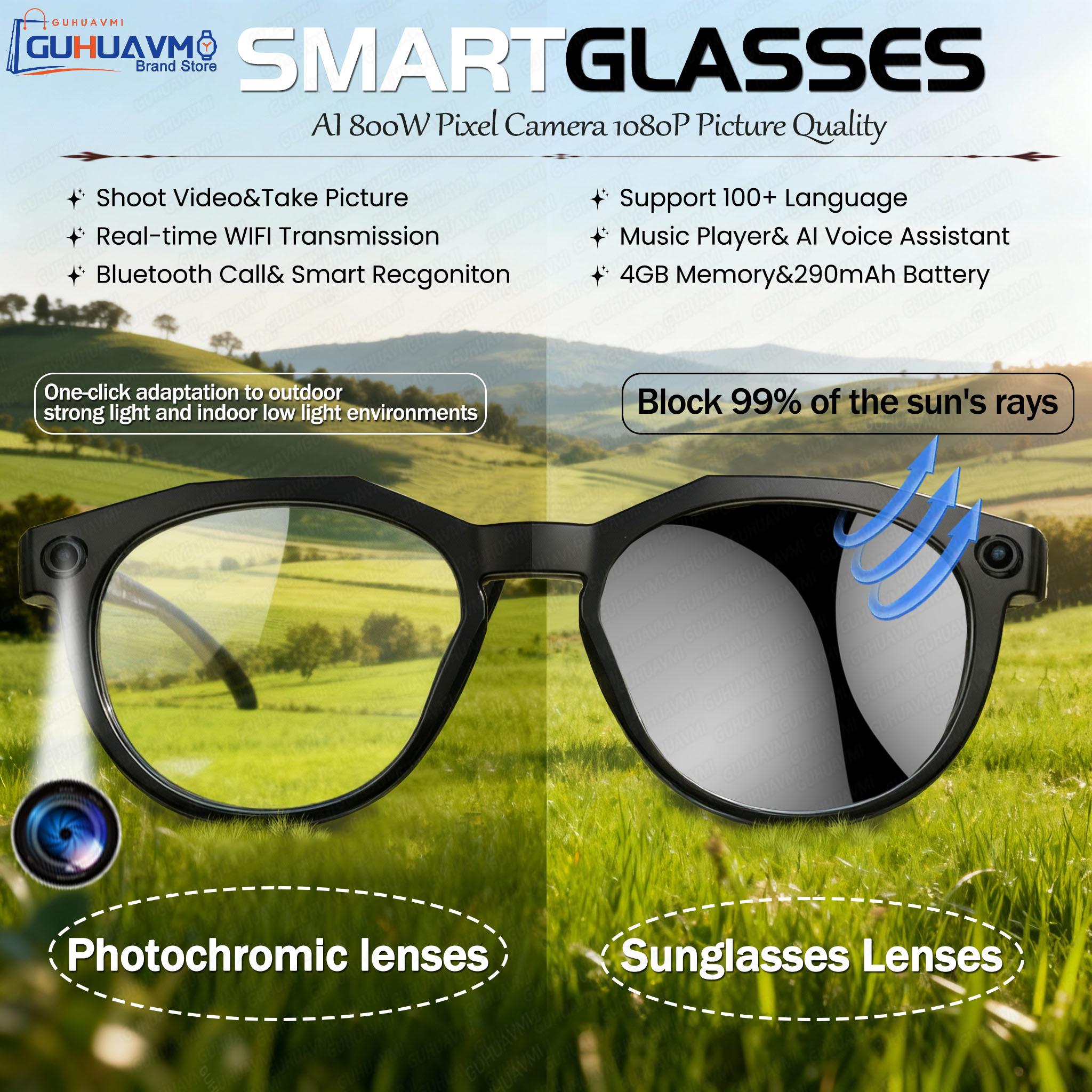 Photochromic Glasses, New for 2026, For Men, 800K Camera for 1080P Image Quality, WIFI Delivery, AI Translation, Suitable for Studying and Meetings, Smart Glasses