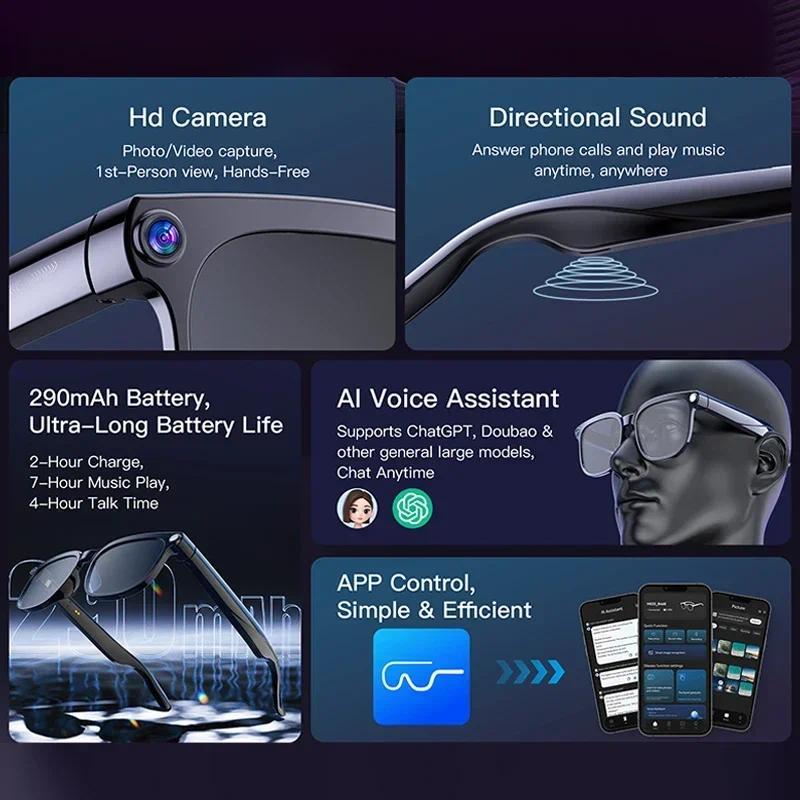 Smart Glasses, New for 2026, 8MP HD Camera, Voice AI, Photo/Video Recording, Translation, Long Battery Life 290, Music, Waterproof