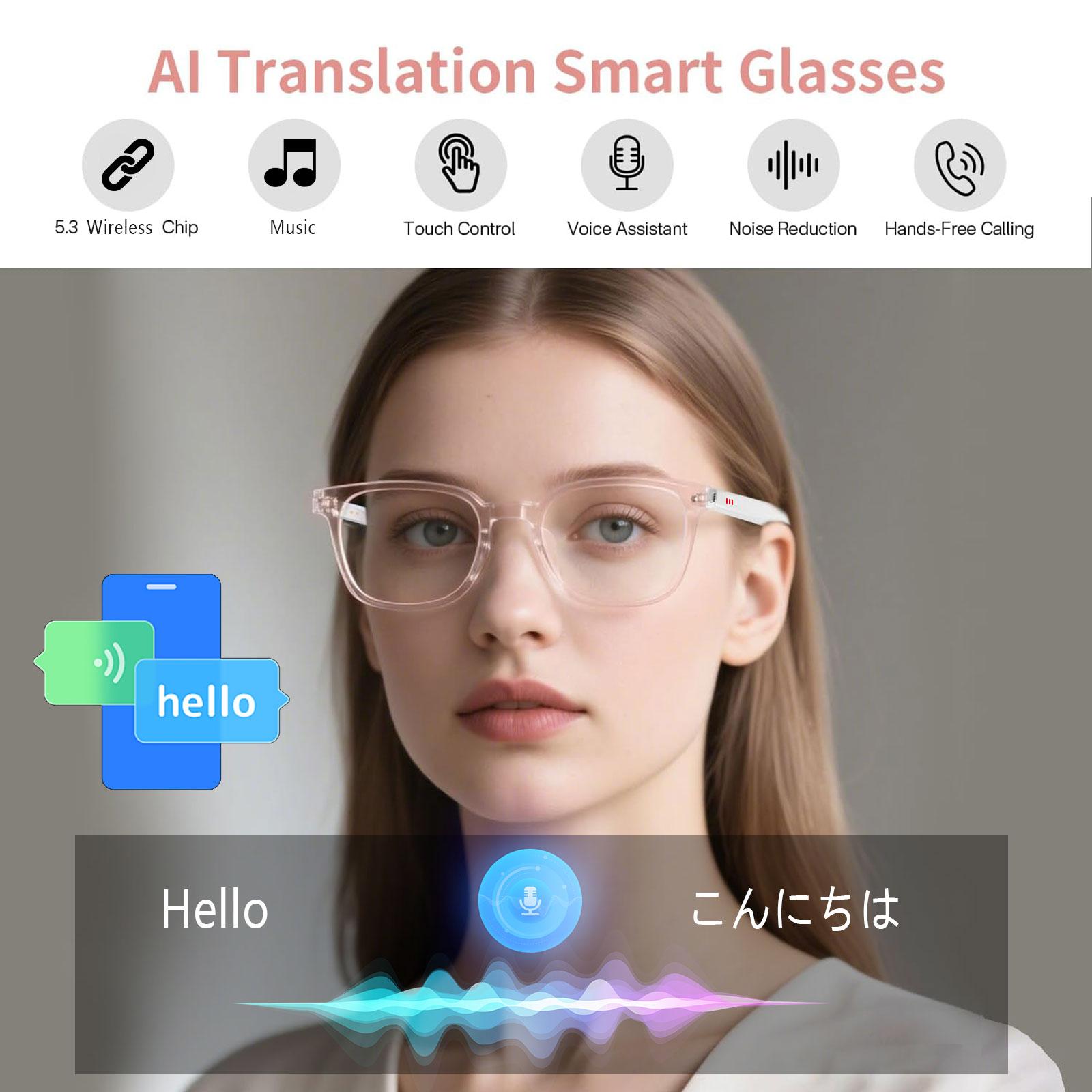 Smart AI Translation Glasses, Real-Time App Translation in Over 160 Languages, Light-Sensing Color-Changing Lenses