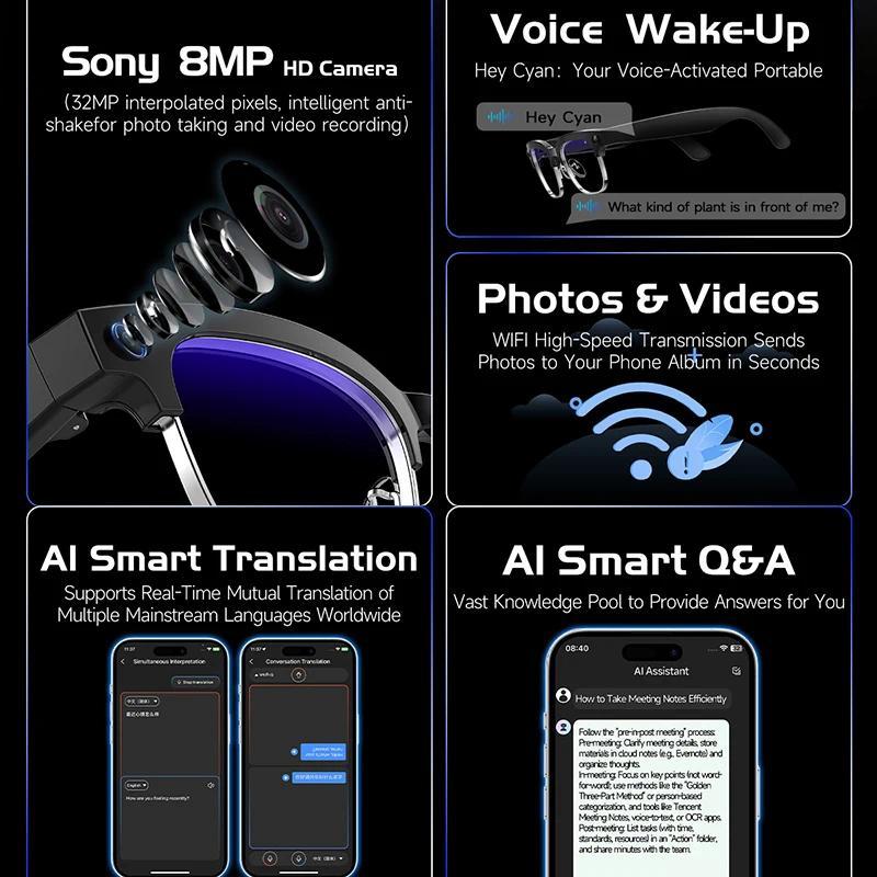 New 4K Glasses AI Smart Glasses with 8MP Camera Video Recording Translation Smart Sunglasses Bluetooth Call Music Play Men Women