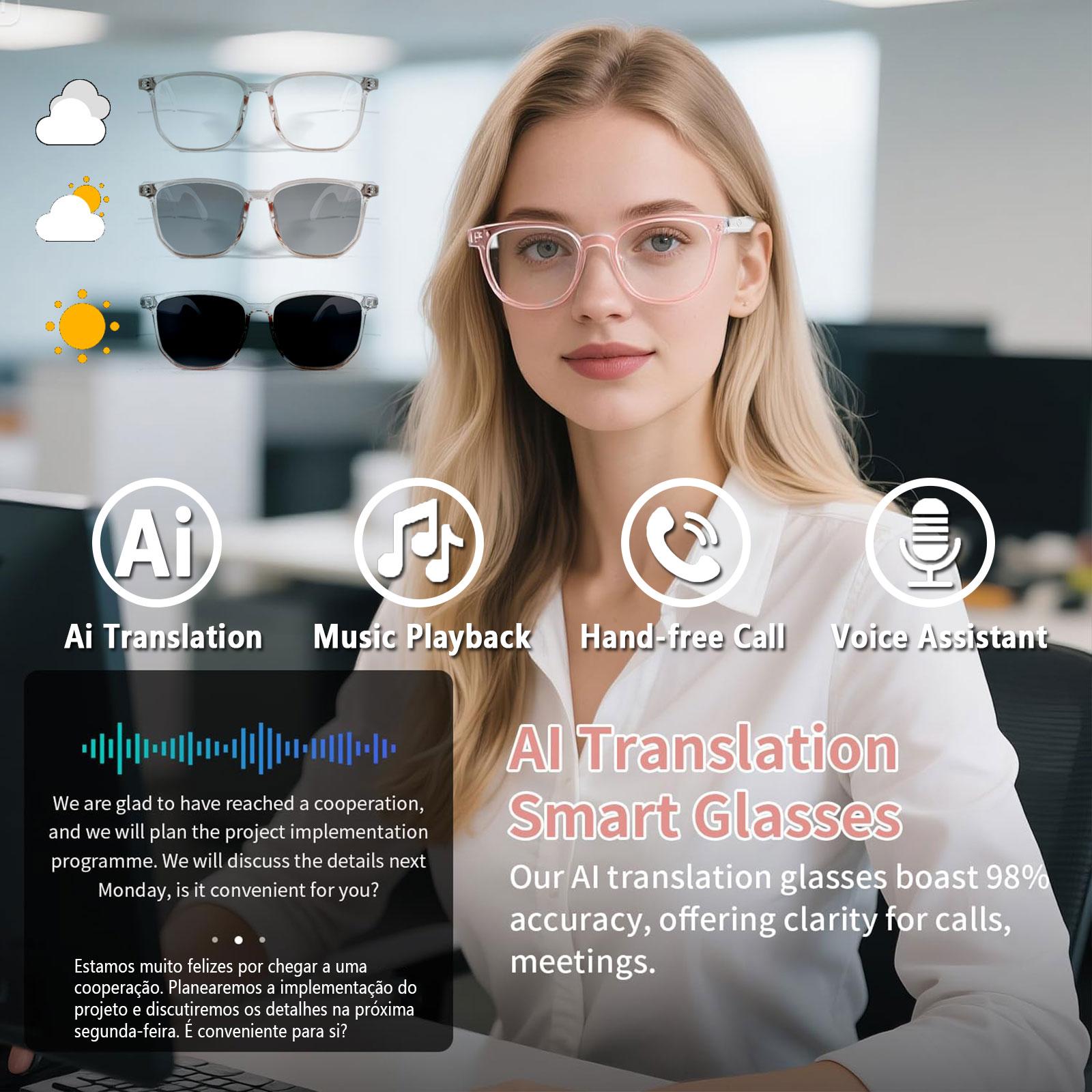 Smart AI translation audio glasses, real-time app translation in over 160 languages, light-sensitive color-changing lenses