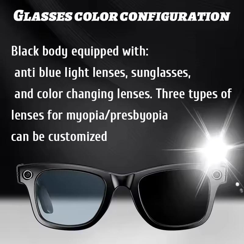 Smart Black Glasses Camera, AI, 800W, Voice Control, WiFi and Bluetooth, HD1080P Recording, Smart Glasses, Compatible with Android and iOS