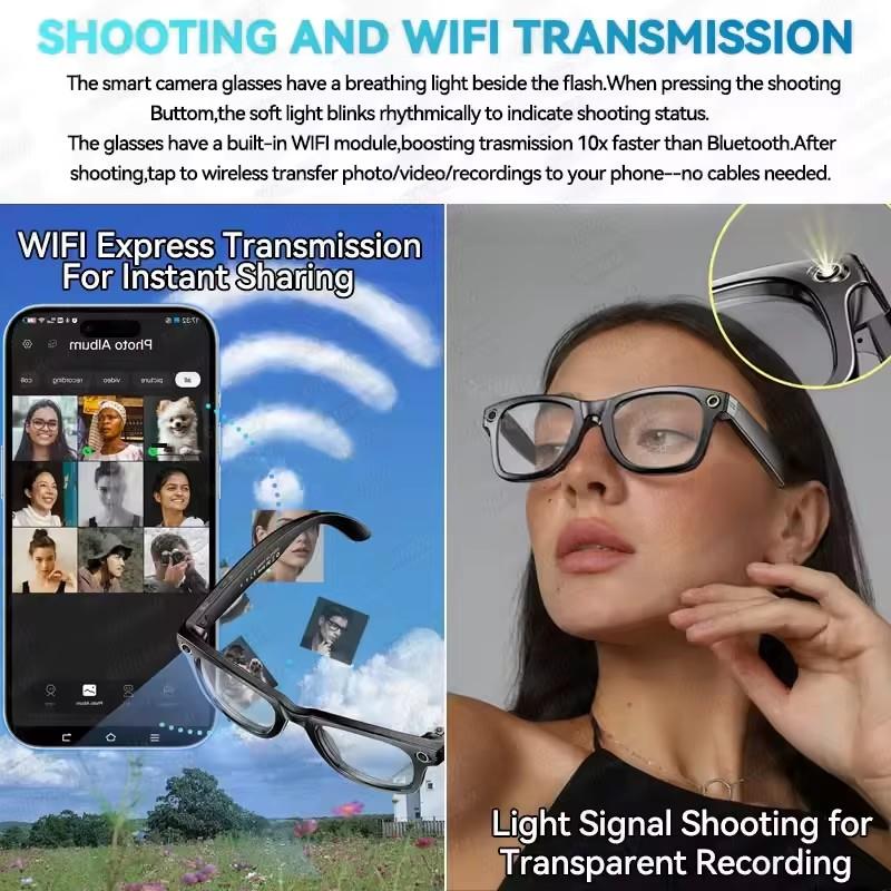 2025New Man 800W AI Smart Glasses Camera AI Translation Voice Bluetooth Call WiFi 4K HD Waterproof Anti Blue Light Women Glasses